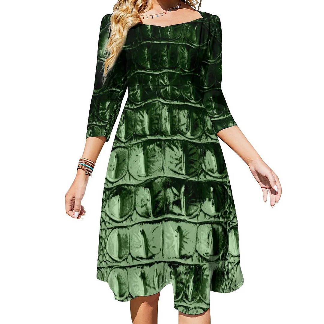 Vintage Hornback Alligator Leather Pine Green Dress Sweetheart Tie Back Flared 3/4 Sleeve Midi Dresses