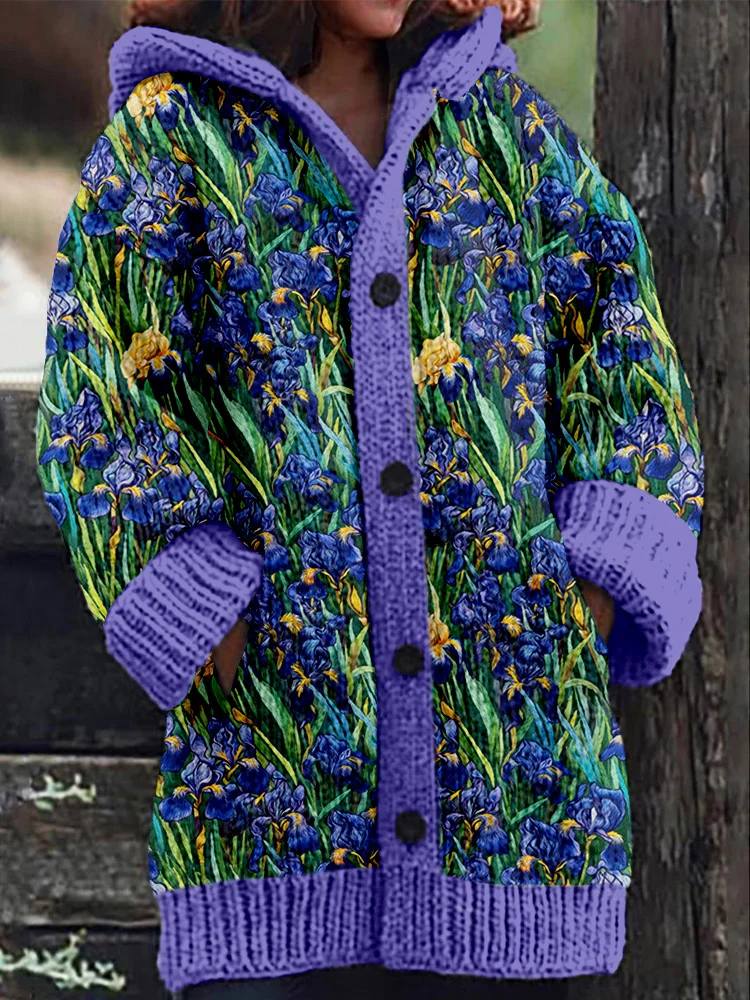 VChics Classic Irises Inspired Embroidery Cozy Hooded Cardigan