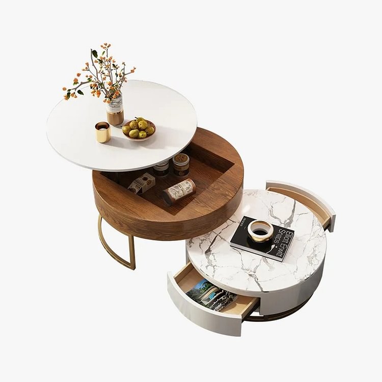 Modern Round Lift Top Wood Coffee Table With Rotatable Drawers In White Natural Modern Round Lift Top Wood Coffee Table, Modern Round Coffee Table With Storage Lift Top Wood In White Black