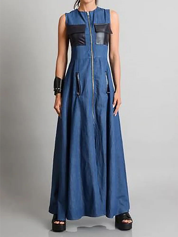 UR Fashion Plain Zipper Sleeveless Maxi Denim Dress