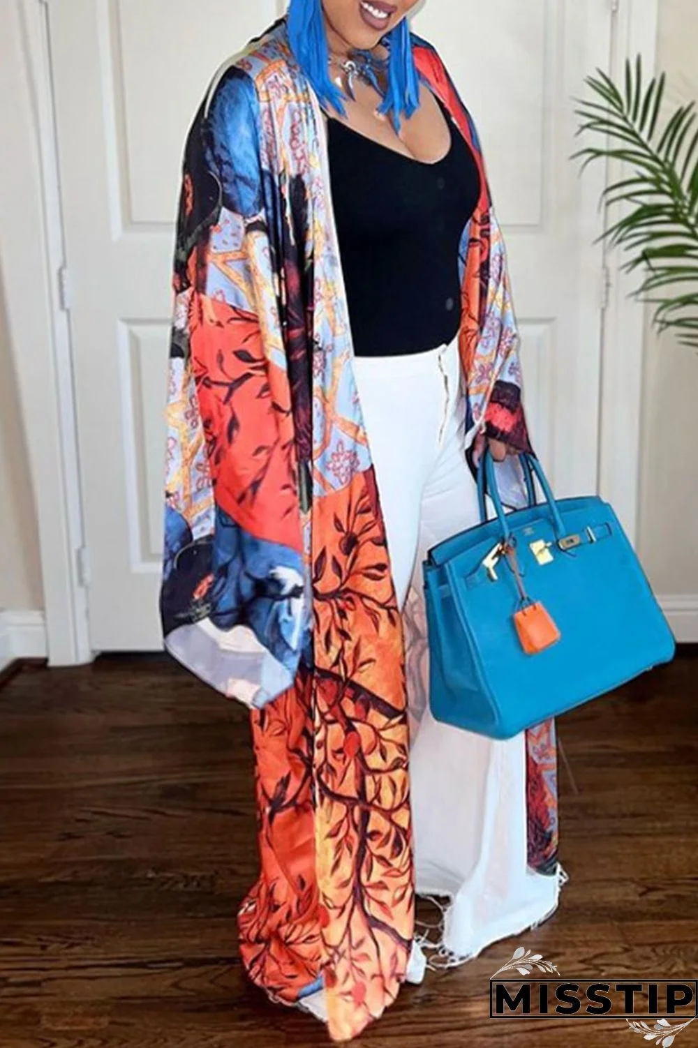 Red Fashion Casual Print Patchwork Outerwear(Without Belt)