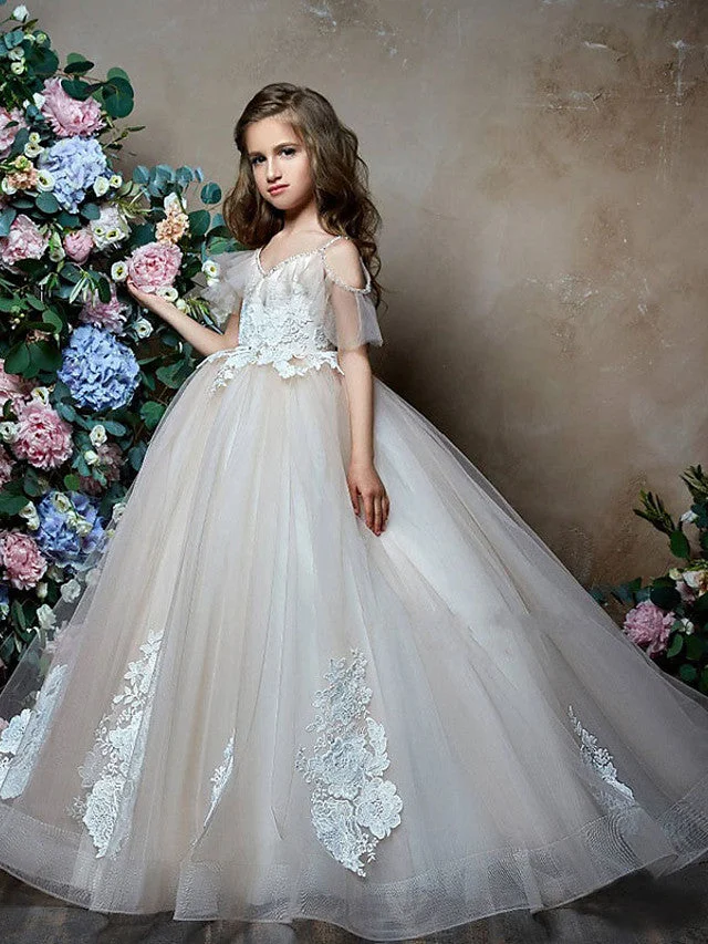 Hellodresses Ball Gown Short Sleeve V Neck Flower Girl Dresses Lace Tulle  With Bow Appliques