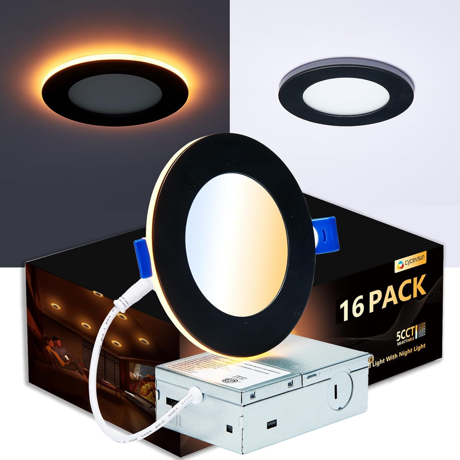 16 Pack 4 Inch LED Recessed Lights with Night Light Black