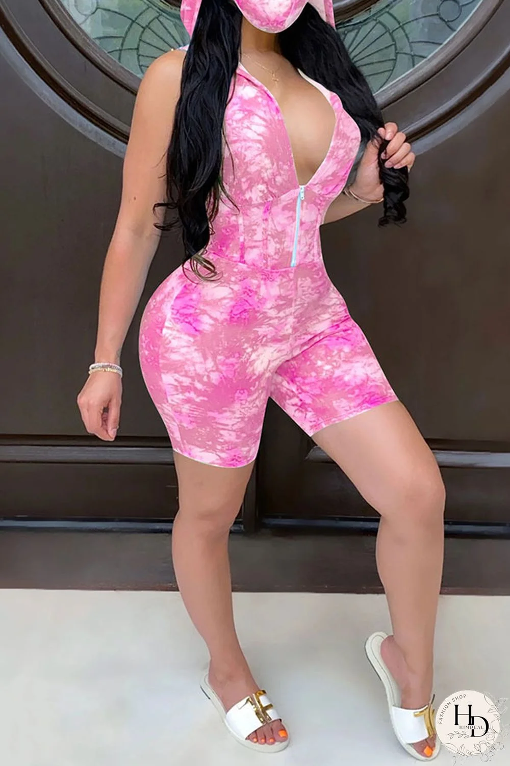 Pink Fashion Casual Print Patchwork Tie-dyed zipper Polyester Sleeveless Hooded Jumpsuits