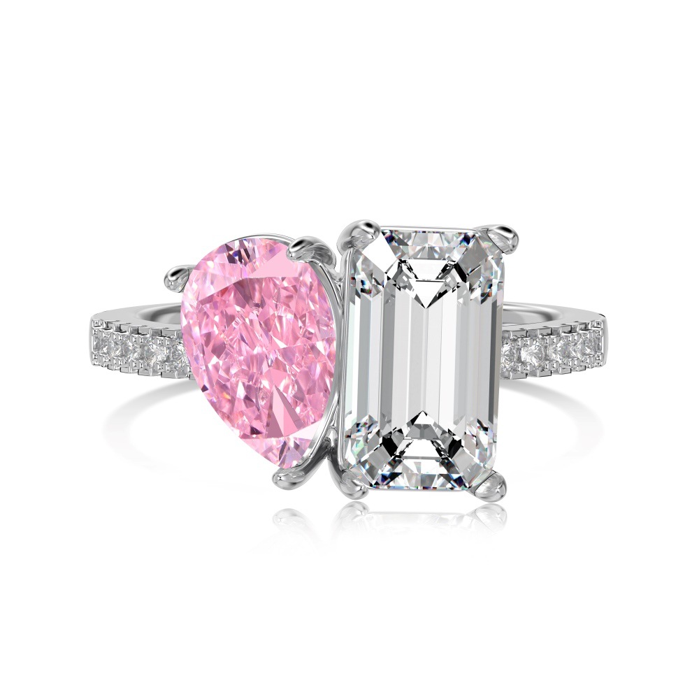 MIKAMU Sterling Silver Engagement Ring with Radiant and Pear Cut Diamonds