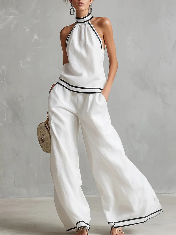 Women's Stand-up Collar Sleeveless Casual Loose Cotton And Linen Top With Elastic Waist And Wide-leg Pants Cotton And Linen Set