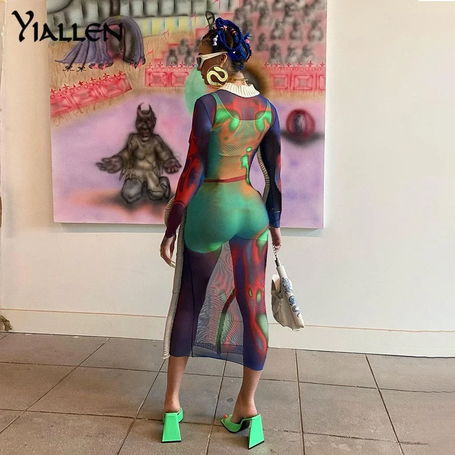 Yiallen Autumn Casual Long Sleeve O Neck Print Mesh Patchwork Y2K Dress Womnen Street Clubwear Female Activewear Stretch Hot