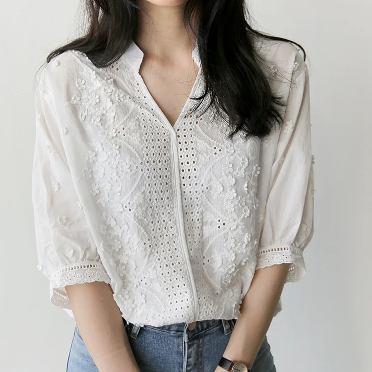 Women's V Neck Cotton Linen Lace Applique Shirt
