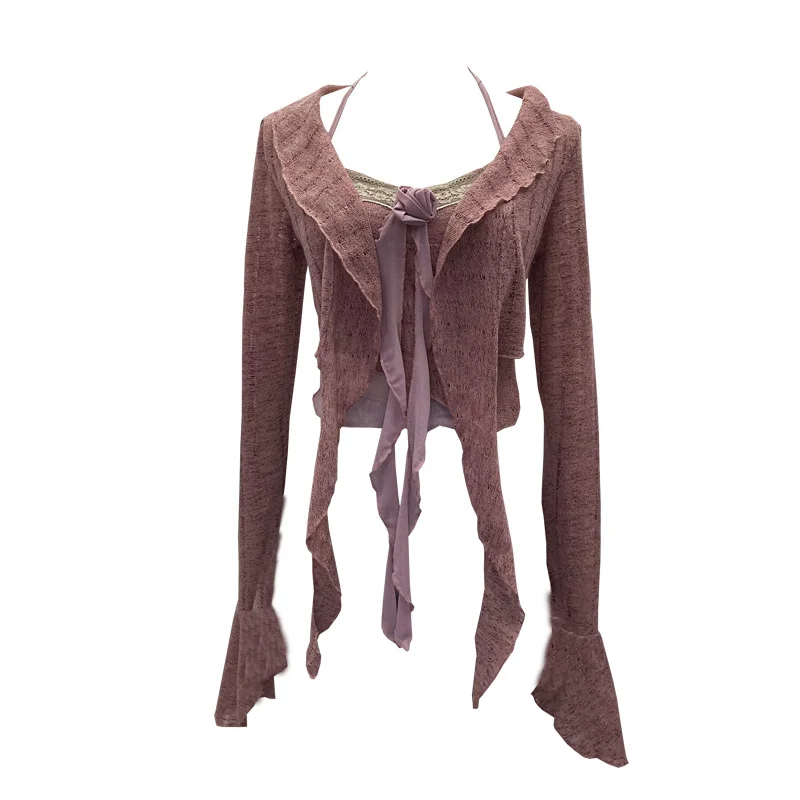 Uveng Real Shooting Pure Lust Style Set Hanging Neck Lace Hollow Sling Sling Vest + Short Lotus Leaf Side Shirt 88968