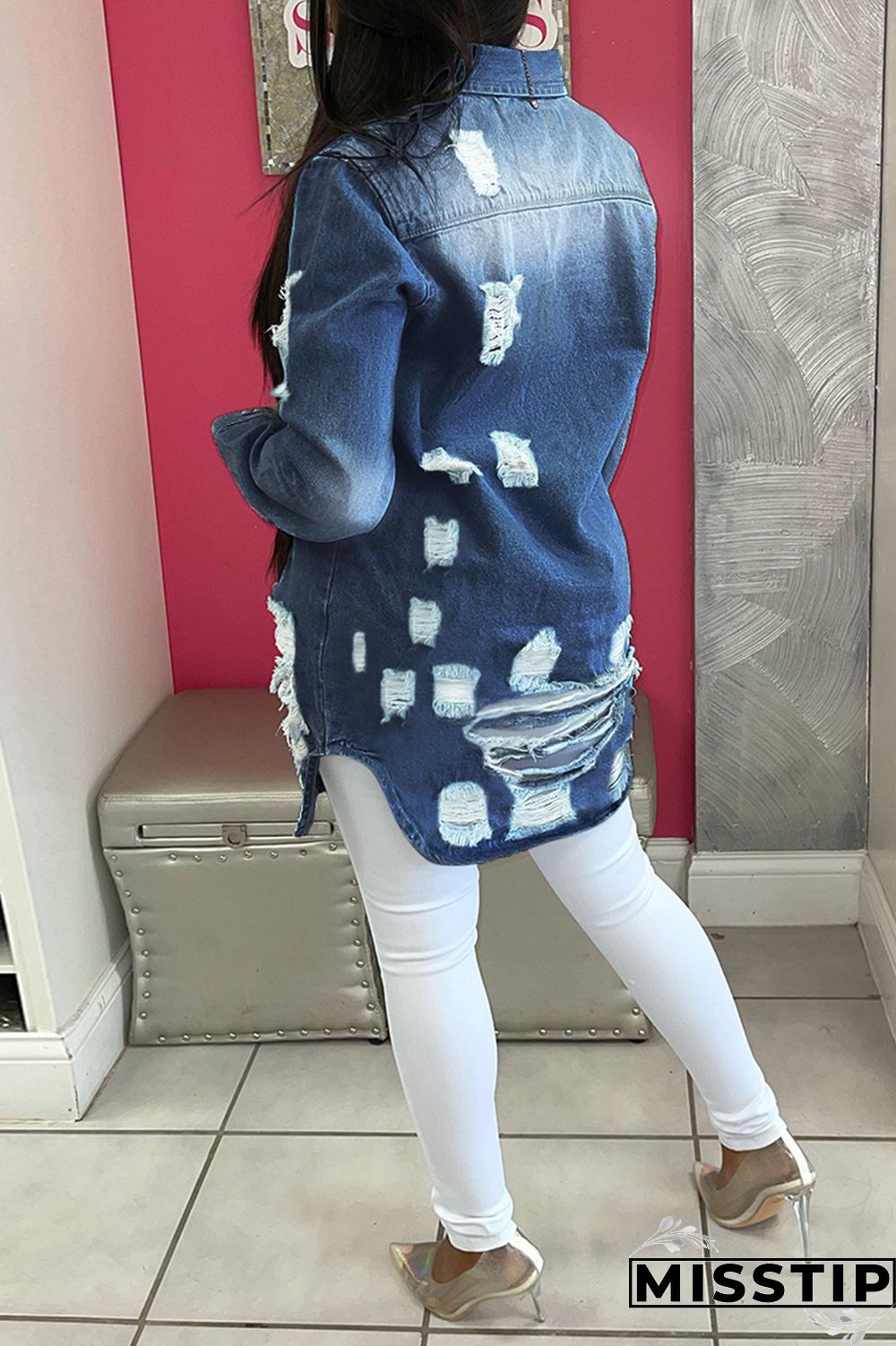 Deep Blue Fashion Casual Solid Ripped Turndown Collar Long Sleeve Regular Denim Jacket