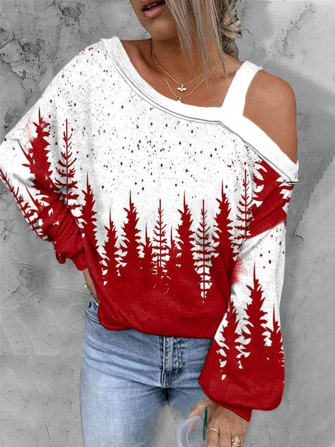 Christmas Tree Print Casual Balloon Sleeve T-Shirt