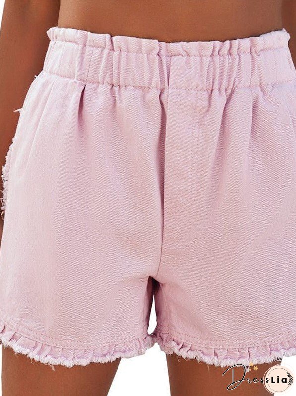 Women'S High Waist Denim Shorts With Elastic Waistband And Fringed Details