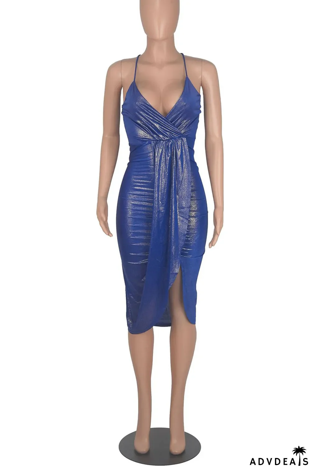 Blue Sexy Solid Split Joint Fold Asymmetrical Spaghetti Strap Sling Dress Dresses