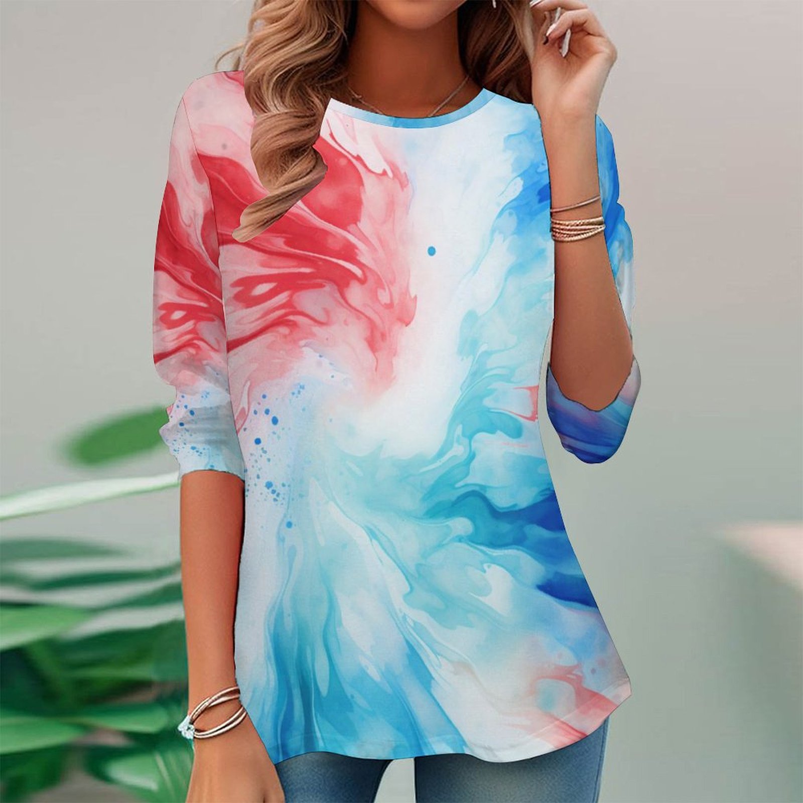 Women Long Sleeve V-neck Graphic Floral Printed Top