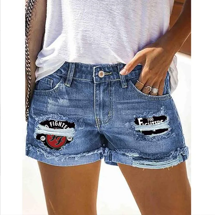 Printed Cuffed Ripped Denim Shorts