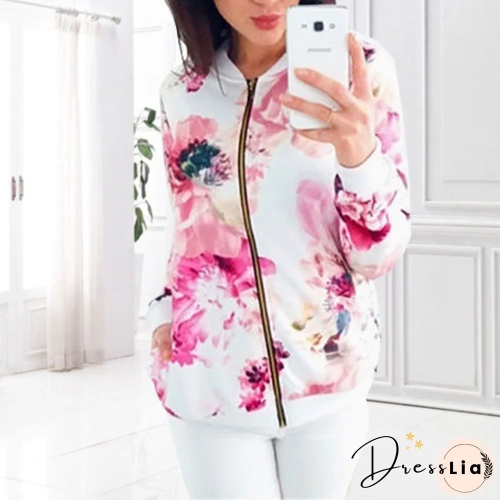 New Spring Aturmn Fashion Womens Retro Floral Zipper Bomber Jacket Baseball Casual Coat Female Tops Plus Size S-5XL