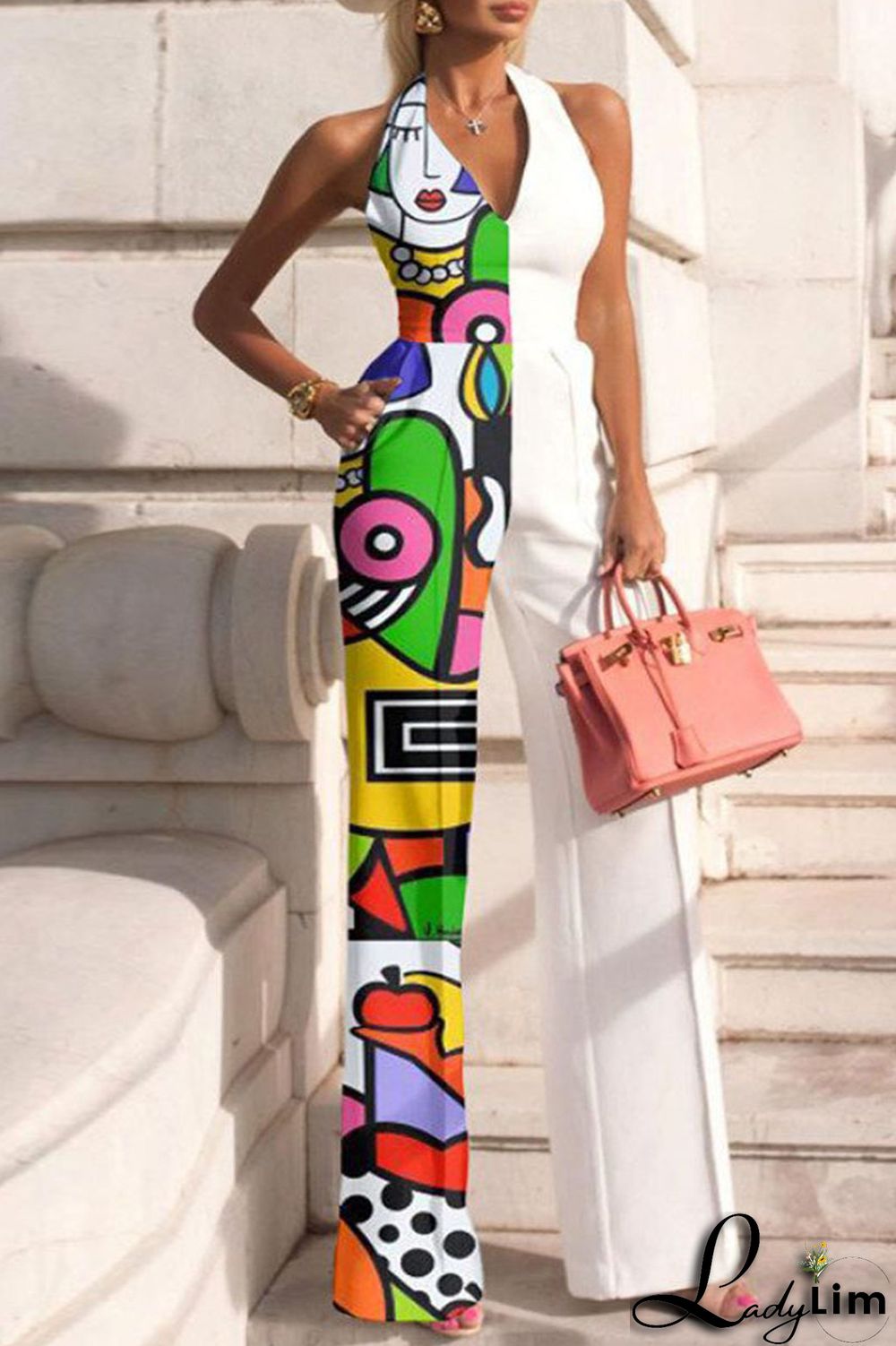 Black Casual Print Bandage Patchwork Backless Straight Jumpsuits