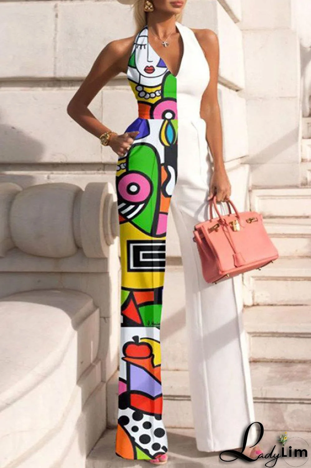 Black Casual Print Bandage Patchwork Backless Straight Jumpsuits