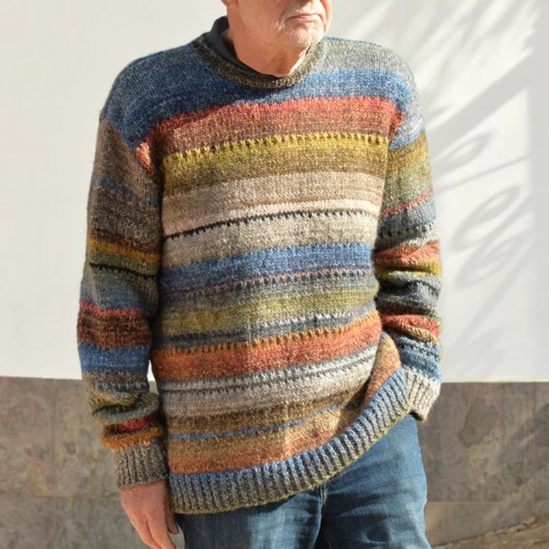 Vintage Colorful Striped Knitted Jacquard Iceland Crew Neck Sweater