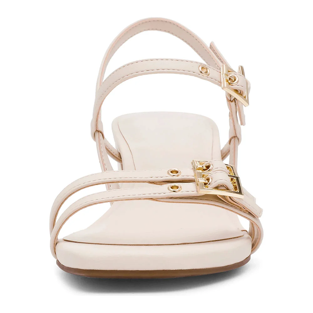 Square Toe Block Low Heel Grommet Buckle Women's Sandals in Ivory