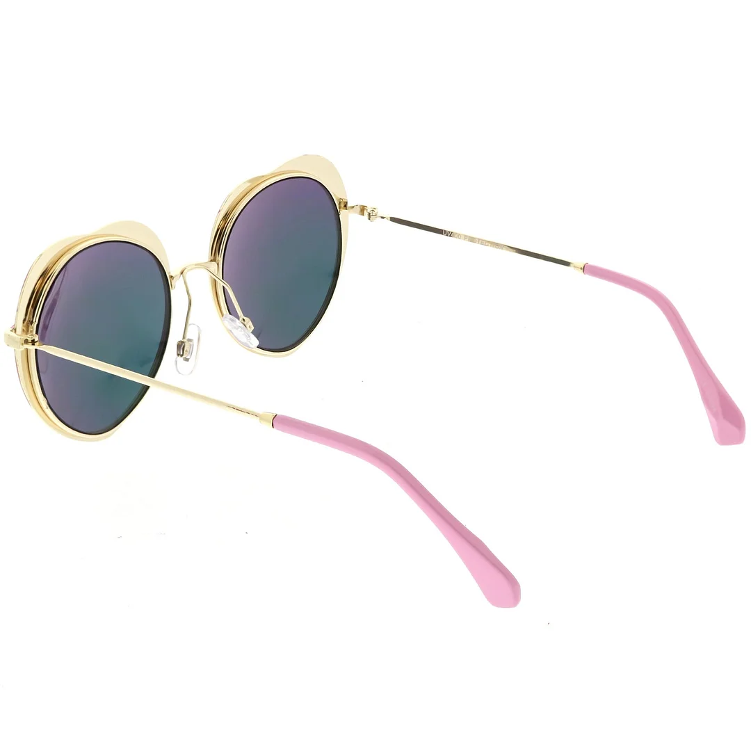 Women's Unique Heart glasses Thin Metal Arms Round Color Mirrored Lens 54mm