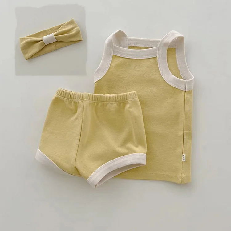 3pcs Baby Girl Simple Block Color Cami Tank Top & Solid Rolled Hem Shorts with a Hairband Set