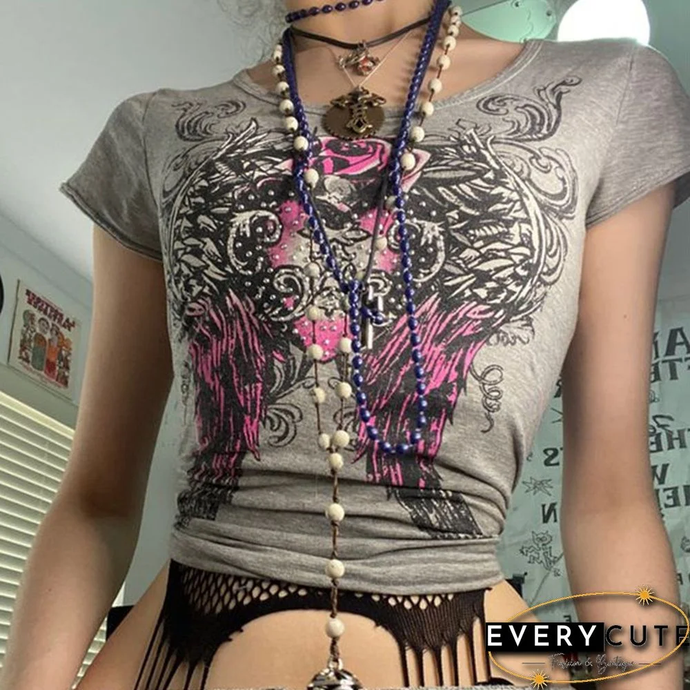 Retro Street Style Heart Wing Graphic Print Rhinestone Shirt