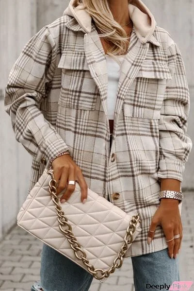 Plus Size Plaid Button Up Hooded Jacket