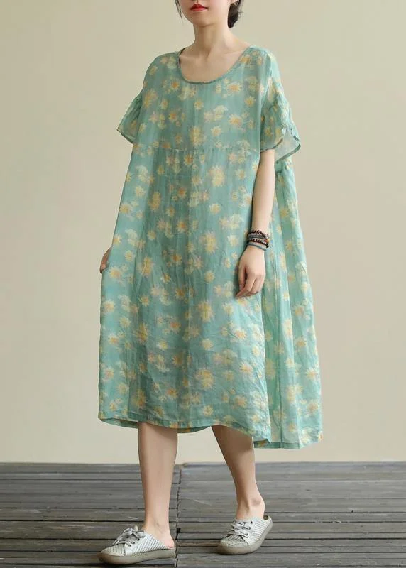 Beautiful green print linen clothes o neck loose summer Dresses