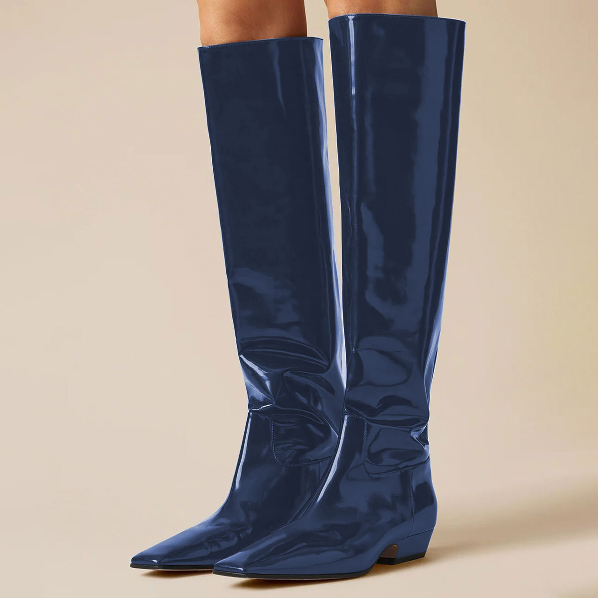 Vegan Leather Square Toe Low Heel Knee-High Long Boots in Navy Nicepairs