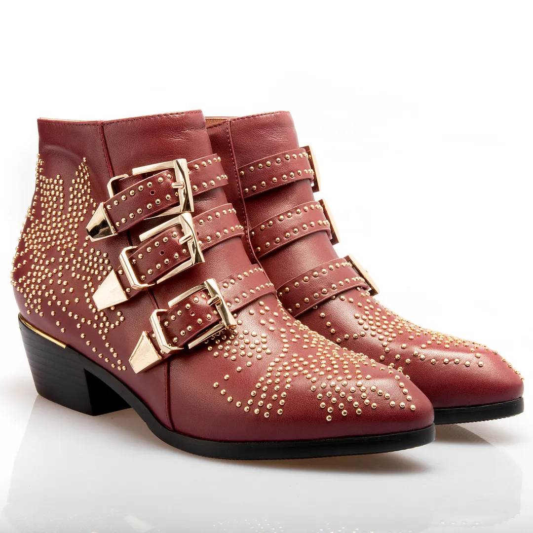 Women's Rivets Metal Buckle Low Heels Ankle Boots-vocosishoes
