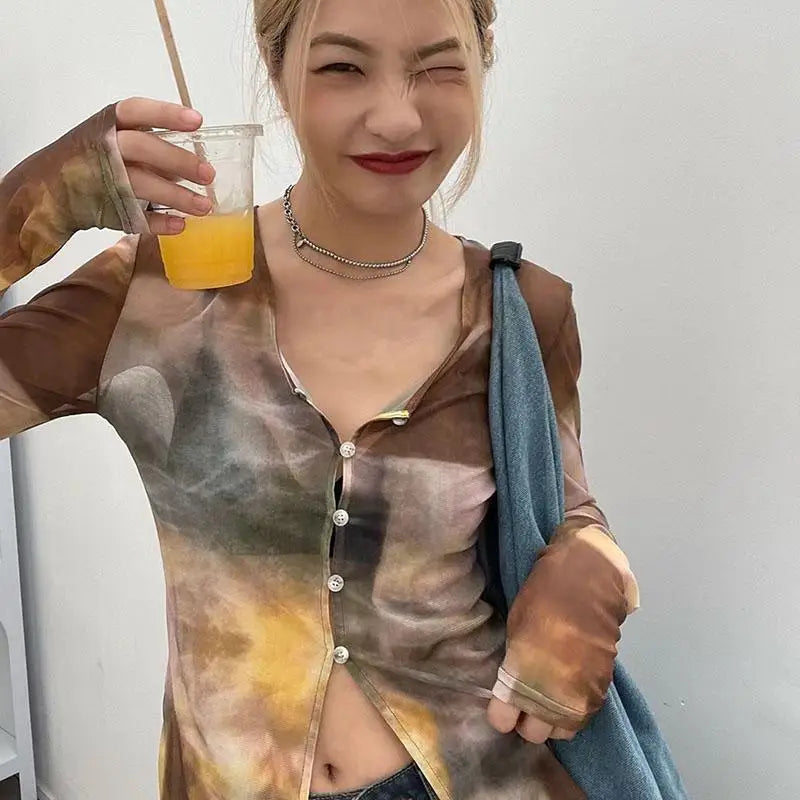 Aiertu See Through T Shirt Women Long Sleeve Y2k Tie Dye Korean Style Harajuku Tee Shirt Femme Ladies Mesh Tops T-shirts 90s Aiertu
