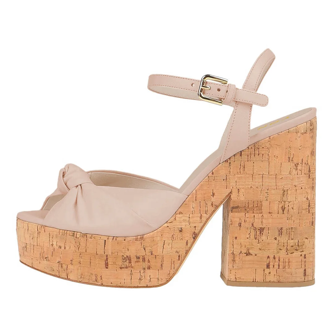 Women's Buckled Vamp Strap Nude Platform Heel Sandals with Knot