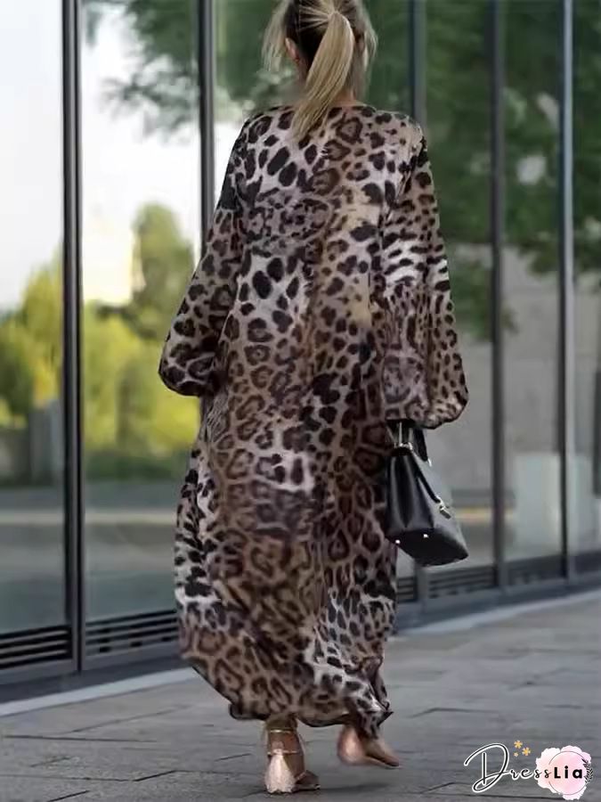 Leopard Print V Neck High Waist Plus Size Dresses