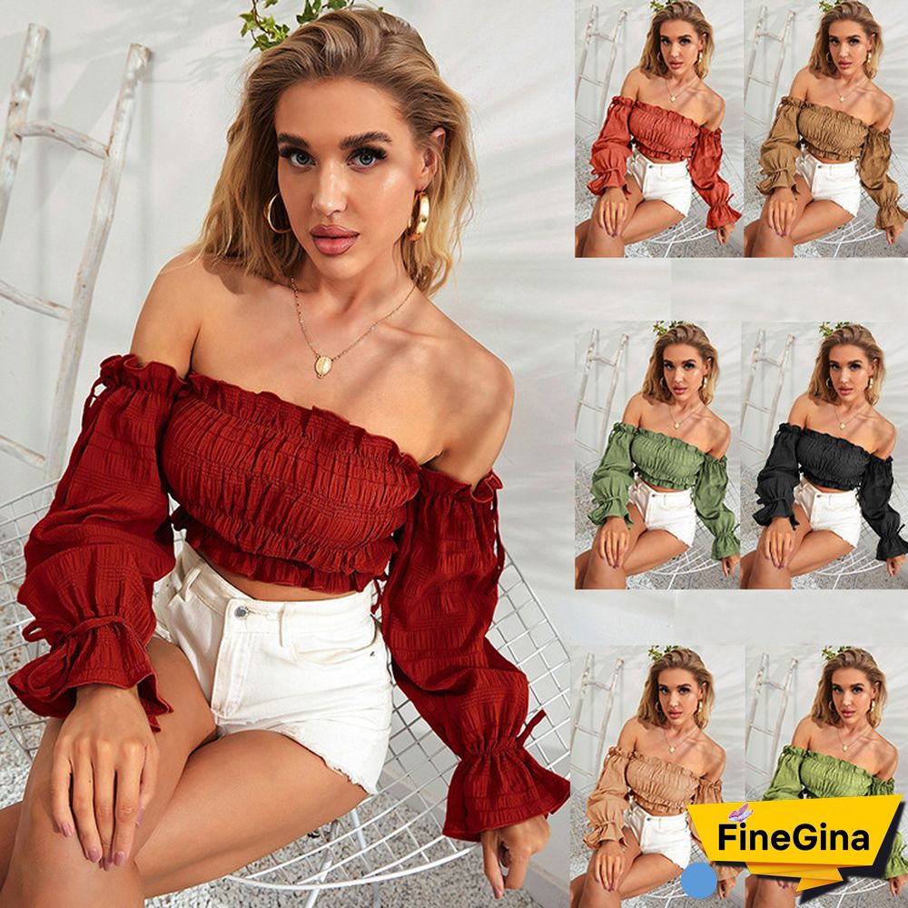 Chic Casual Women Blouses New Solid Color Sexy Navel Fungus Edge Slim Fit Folds Wrap Chest Full Flared Sleeve T-shirt