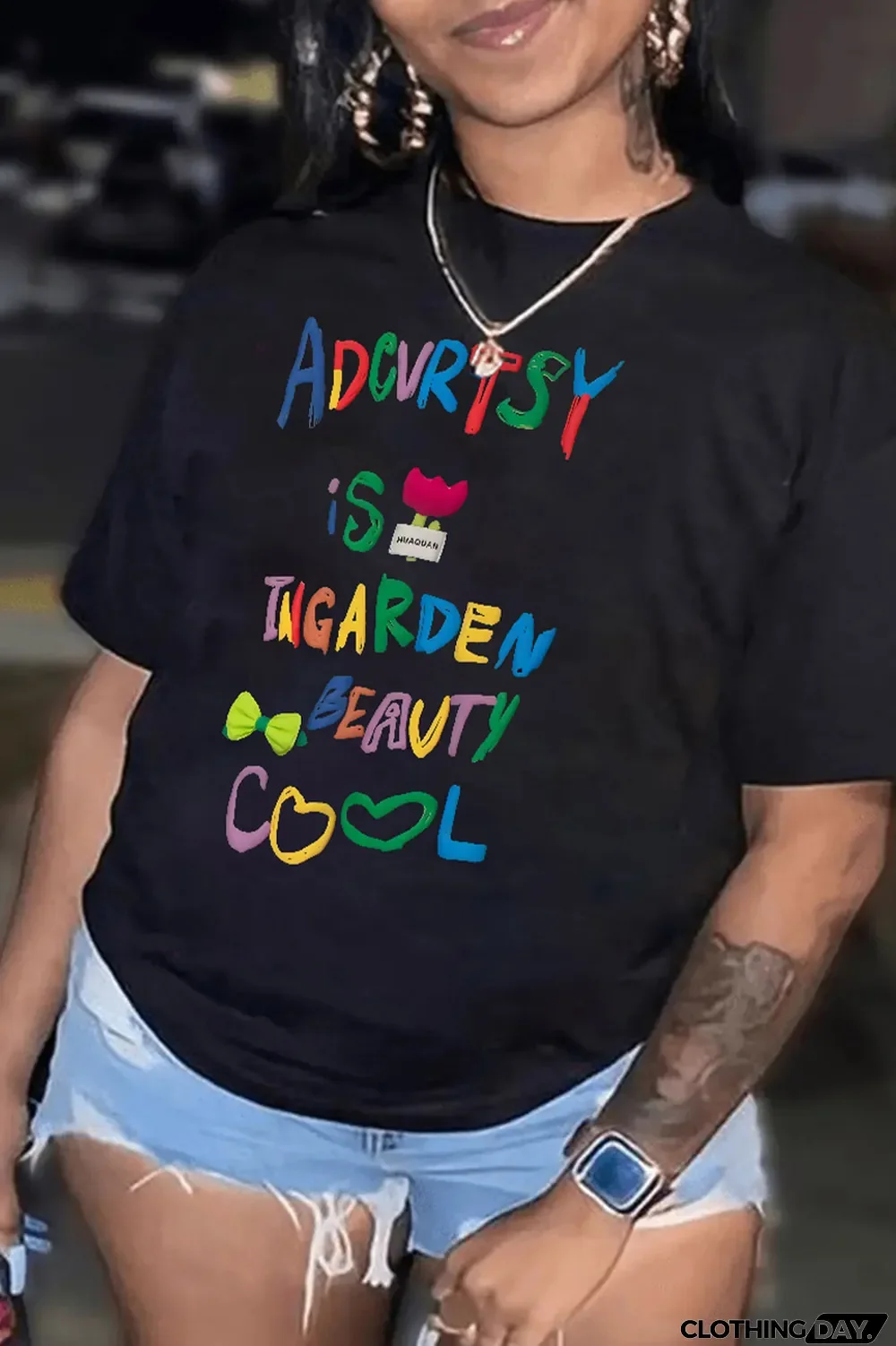 White Fashion Cute Print Patchwork Letter O Neck T-Shirts