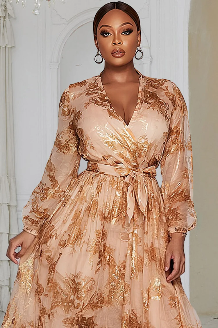 Xpluswear Design Plus Size Wedding Guest Champagne Wrap Neck Long Sleeve Wrap Elegant Tulle Midi Dresses [Pre-Order]