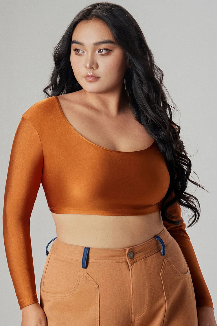 Xpluswear Design Plus Size Casual Blouse Brown Knitted Round-Neck Long Sleeve Crop Top Blouse [Pre-Order]