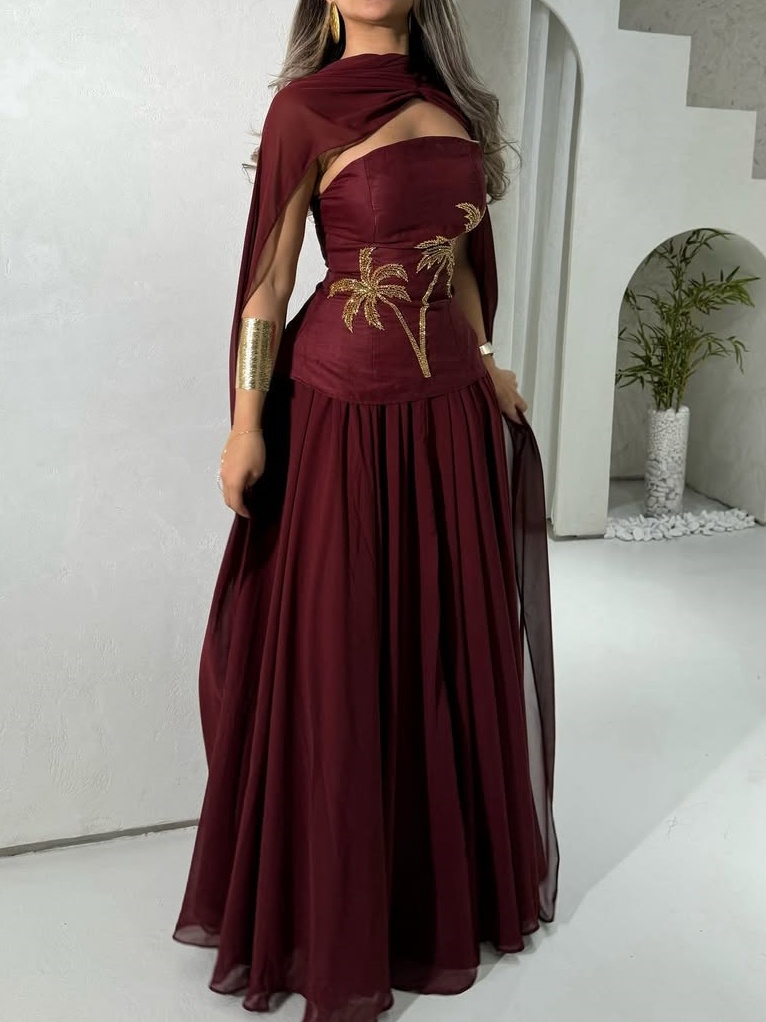 Coconut Tree Print Strapless Top with Skirt and Shawl Set | Oxredo Shop Ramadan Sale