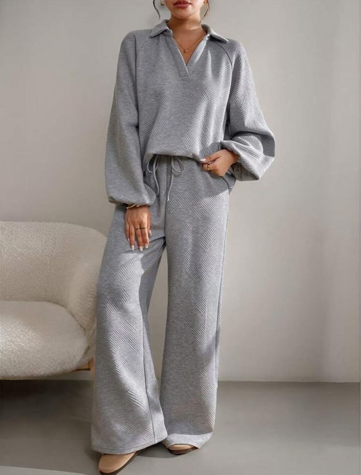 Collared V-Neck Top & Wide Leg Pants Set - HIGIANNA&reg;