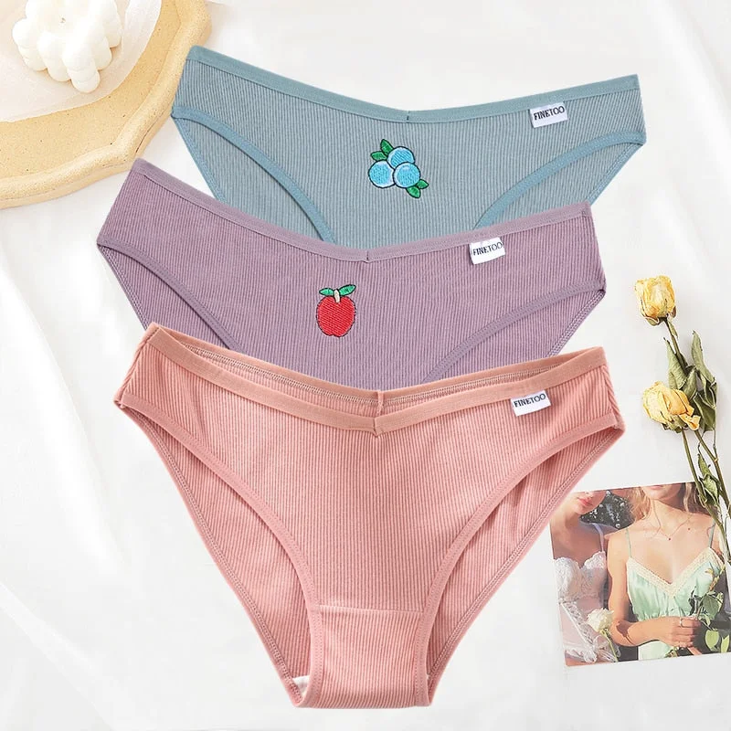FINETOO 3PCS/Set Women Cotton Embroidery Fruit Panties Underwear V Waist Female M-XL Woman's Briefs Pantys Intimates Lingerie