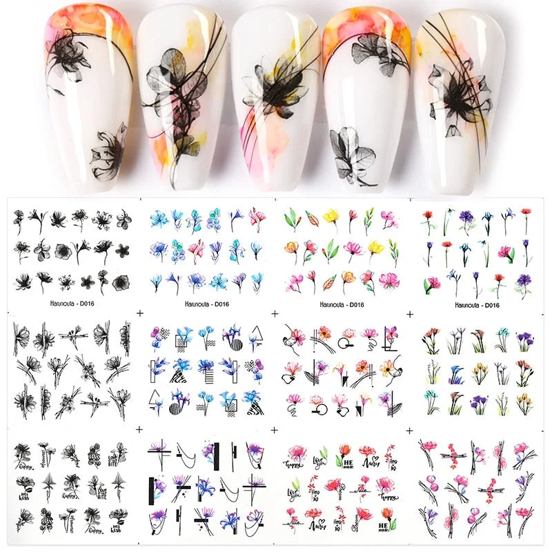 Harunouta 12pcs Simple Green Theme Water Decal Sticker Flower Leaf Tree Spring DIY Slider For Manicuring Nail Art Watermarks