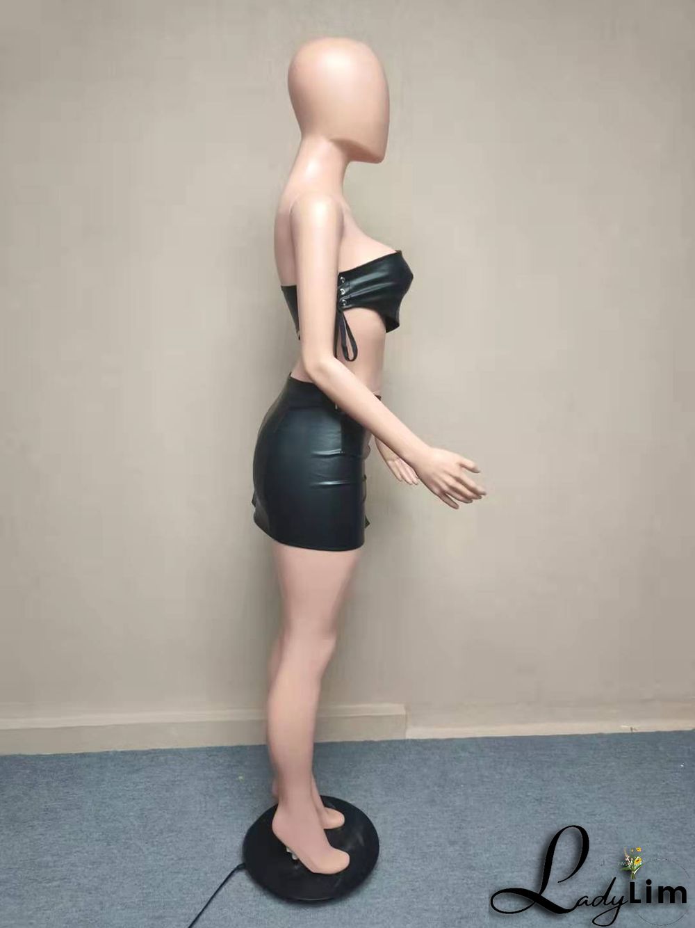 Womens Sexy Pu-Leather Strapless Top+ Lace-Up Mini dress Irregular Two Piece