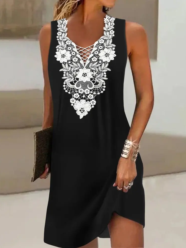 Elegant Contrast Lace Sleeveless Casual Dress