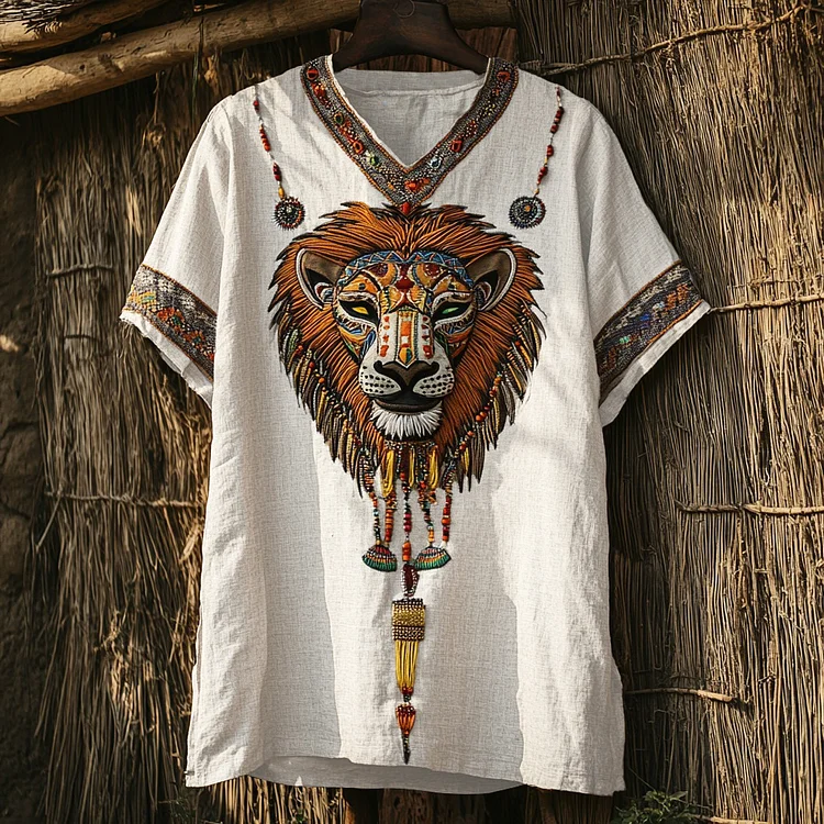 Men's African Lion Mask Art Cotton And Linen V-neck T-shirt