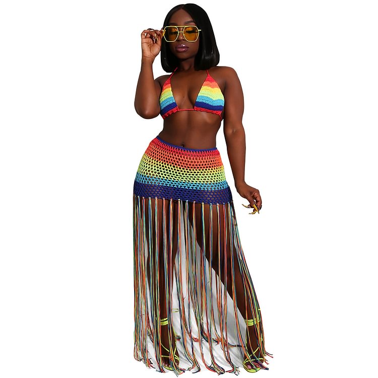 ANJAMANOR Rainbow Crochet Tassel Sexy 2 Piece Set Crop TopAnd Skirt Beach Party Club Birthday OutfitsFor Women D48-DF23 - Life is Beautiful for You - SheChoic