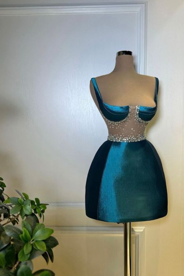 Ovlias Ink Blue Spaghetti Strap Square Homecoming Dress Sheer with Rhinestone  HC0157
