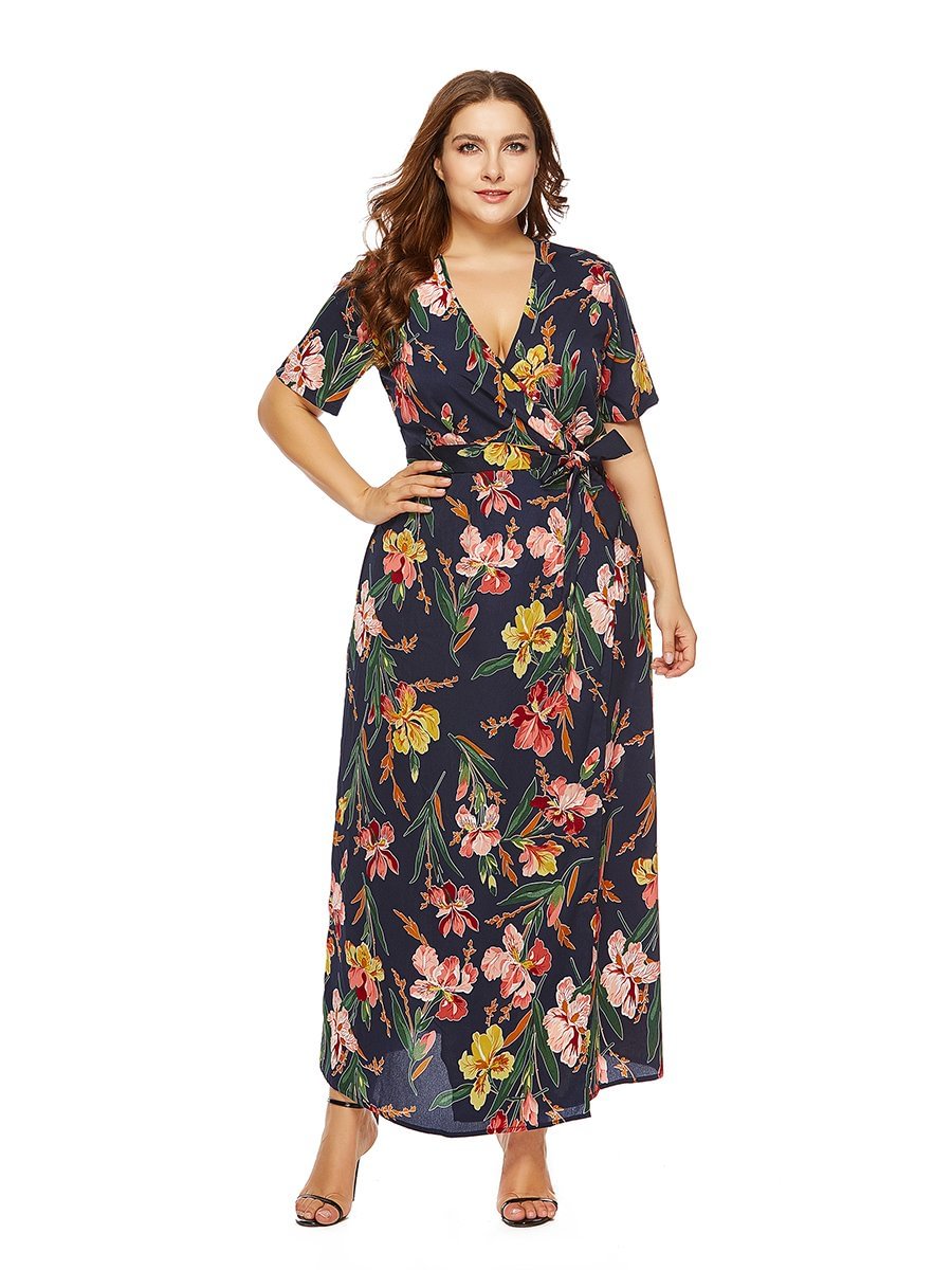 Plus Size Dress V Neck Floral Sash Design Maxi Long Beach Dress