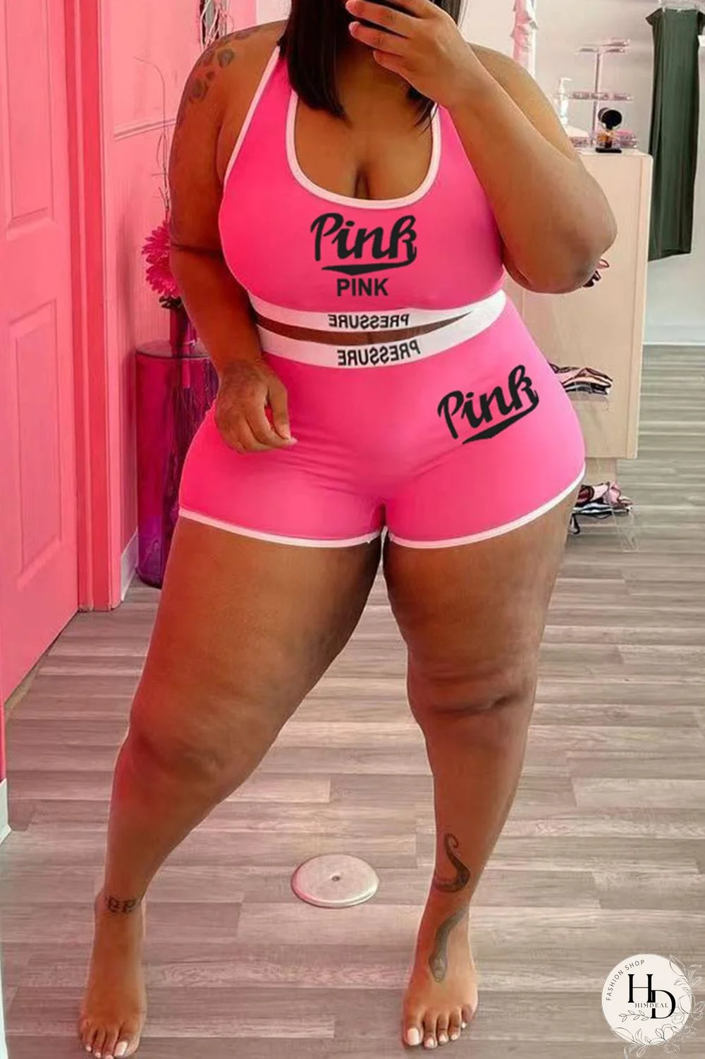 Blue Casual Letter Print Patchwork Spaghetti Strap Plus Size Two Pieces