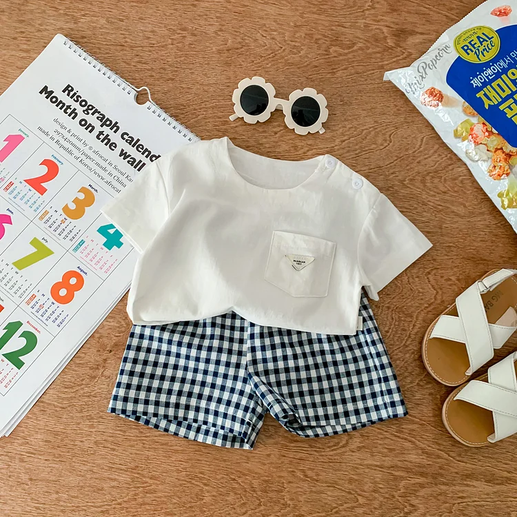 Baby Toddler Boy White Short Sleeve T-shirt and Plaid Shorts Set